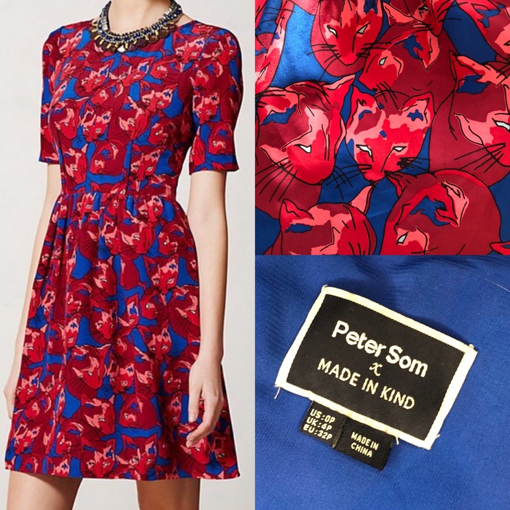 NWOT Peter Som X Anthropologie 100% silk CAT PRINT dress 0